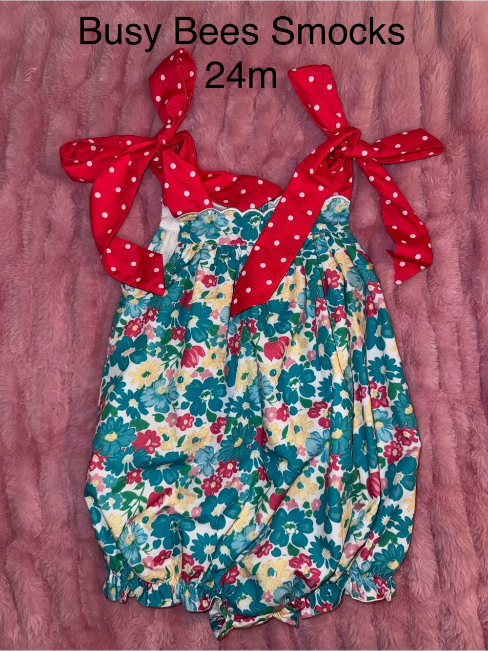 Busy Bees Smocks Floral Bubble Romper with Red Polka Dot Ties